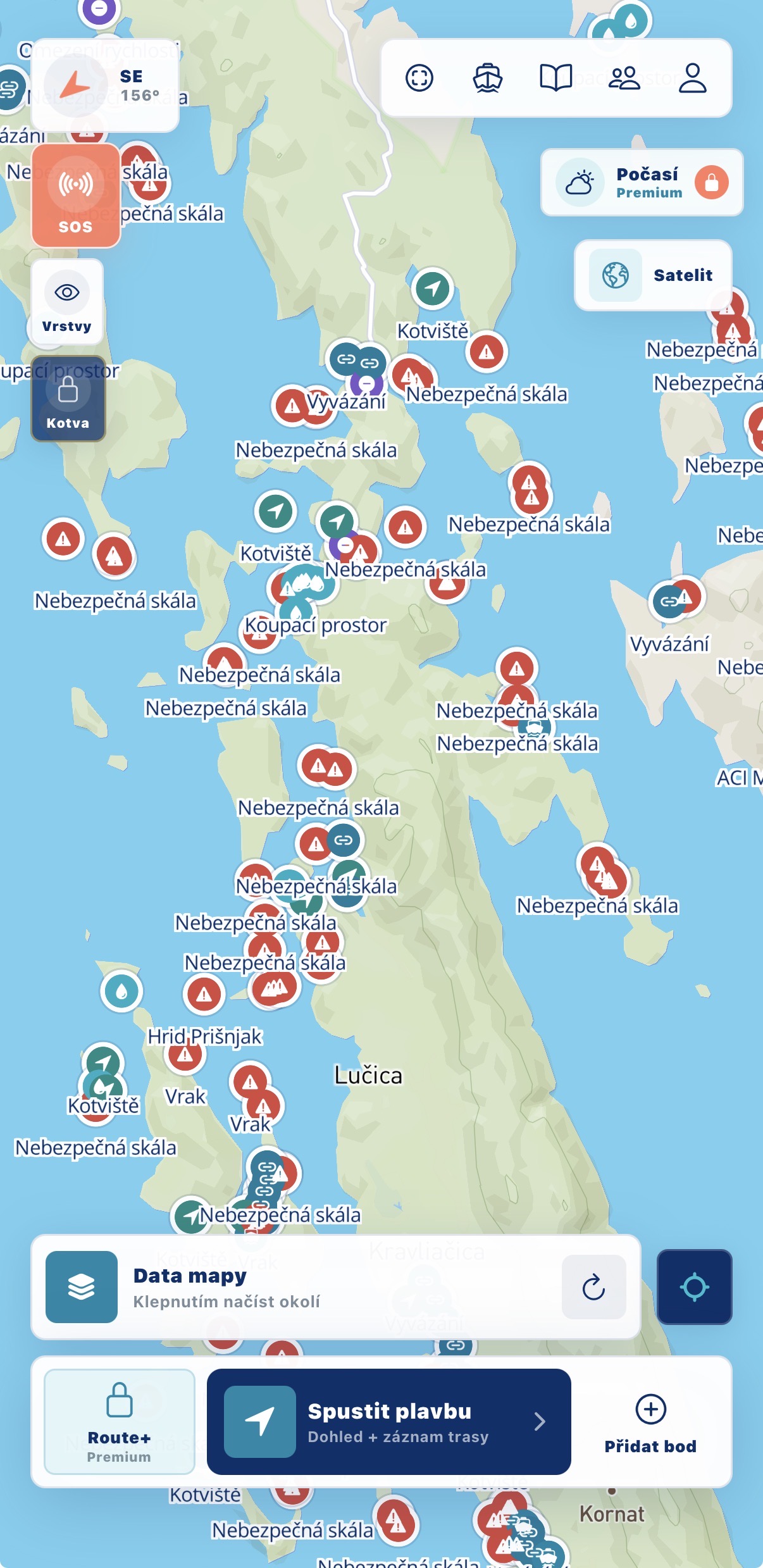 Skutečná vodní mapa v aplikaci Boatzee